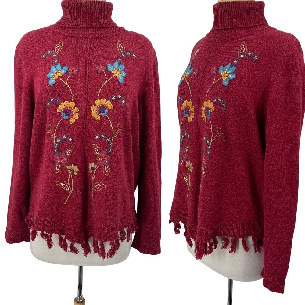 Vintage 90s Embroidered Floral Sweater Turtleneck Cotton Ramie Fringe Hem Large